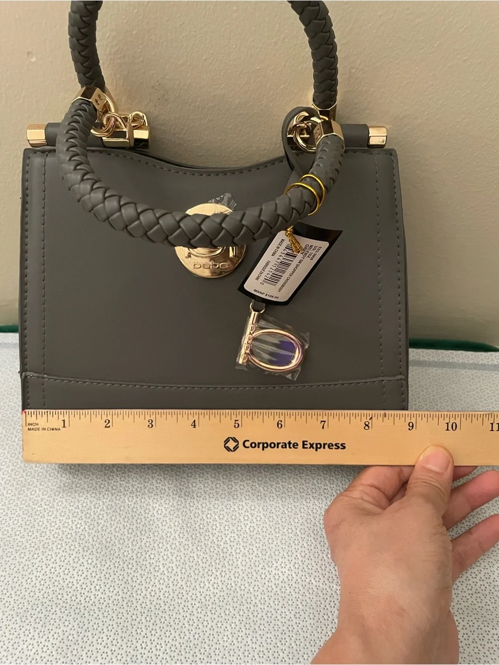 bebe Braided-Handle Gray Satchel with Gold Hardware cross body bag